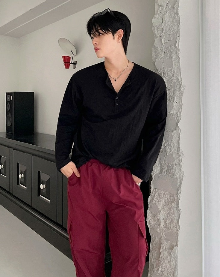 Relaxed Fit Henley Long Sleeve Tee