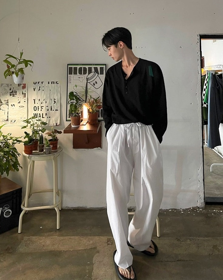Relaxed Fit Henley Long Sleeve Tee