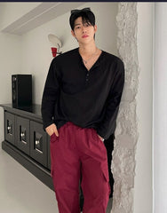 Relaxed Fit Henley Long Sleeve Tee
