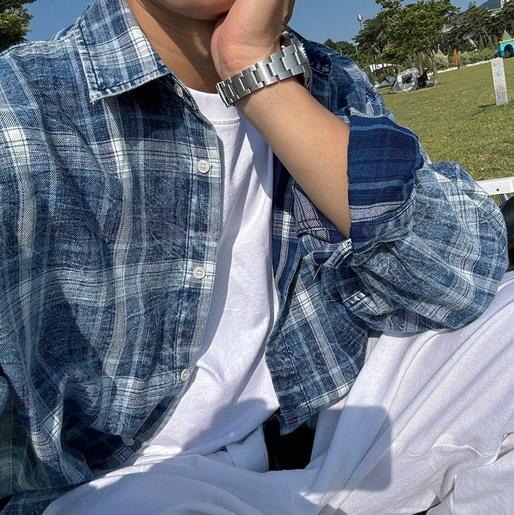 Relaxed Fit Plaid Long Sleeve Shirt Jacket