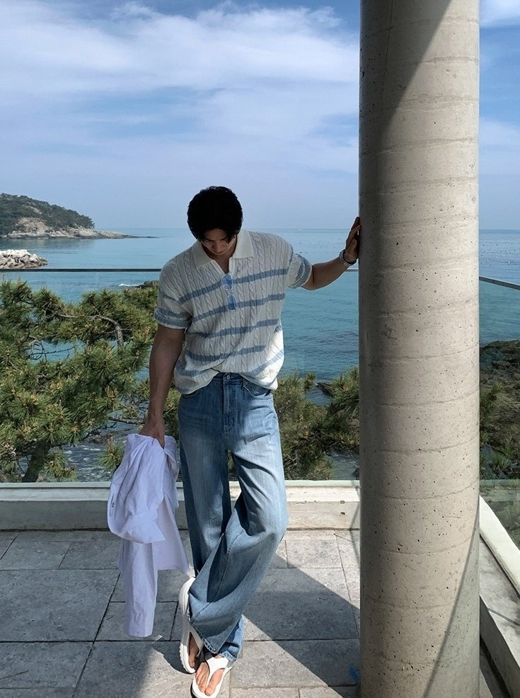 Relaxed Knit Striped Polo Short Sleeve Top