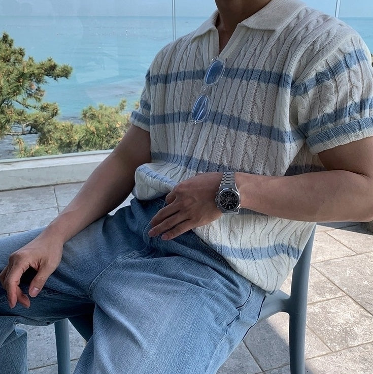 Relaxed Knit Striped Polo Short Sleeve Top