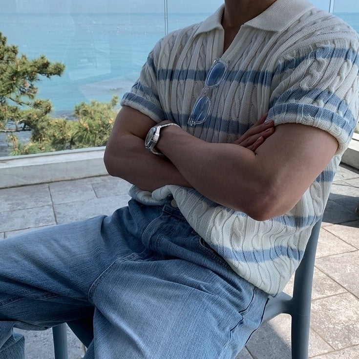 Relaxed Knit Striped Polo Short Sleeve Top