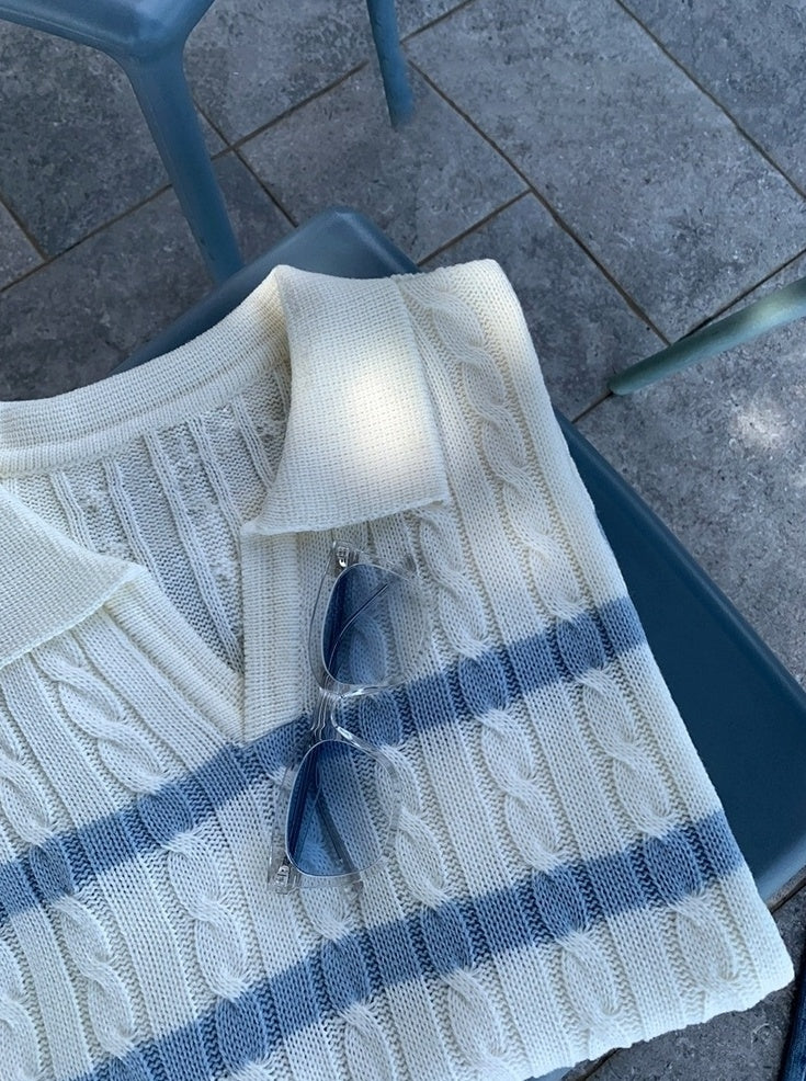 Relaxed Knit Striped Polo Short Sleeve Top