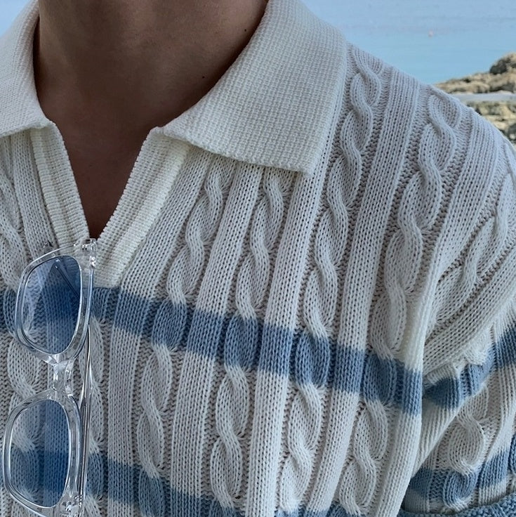 Relaxed Knit Striped Polo Short Sleeve Top