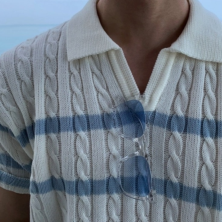Relaxed Knit Striped Polo Short Sleeve Top