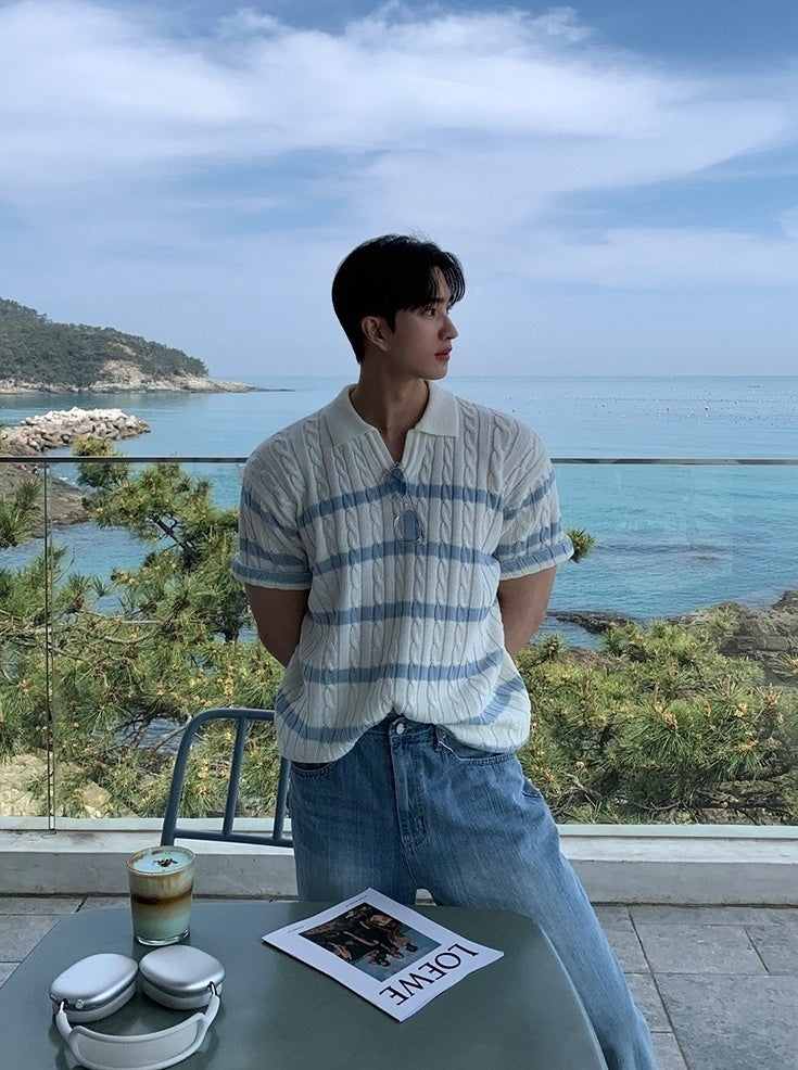 Relaxed Knit Striped Polo Short Sleeve Top