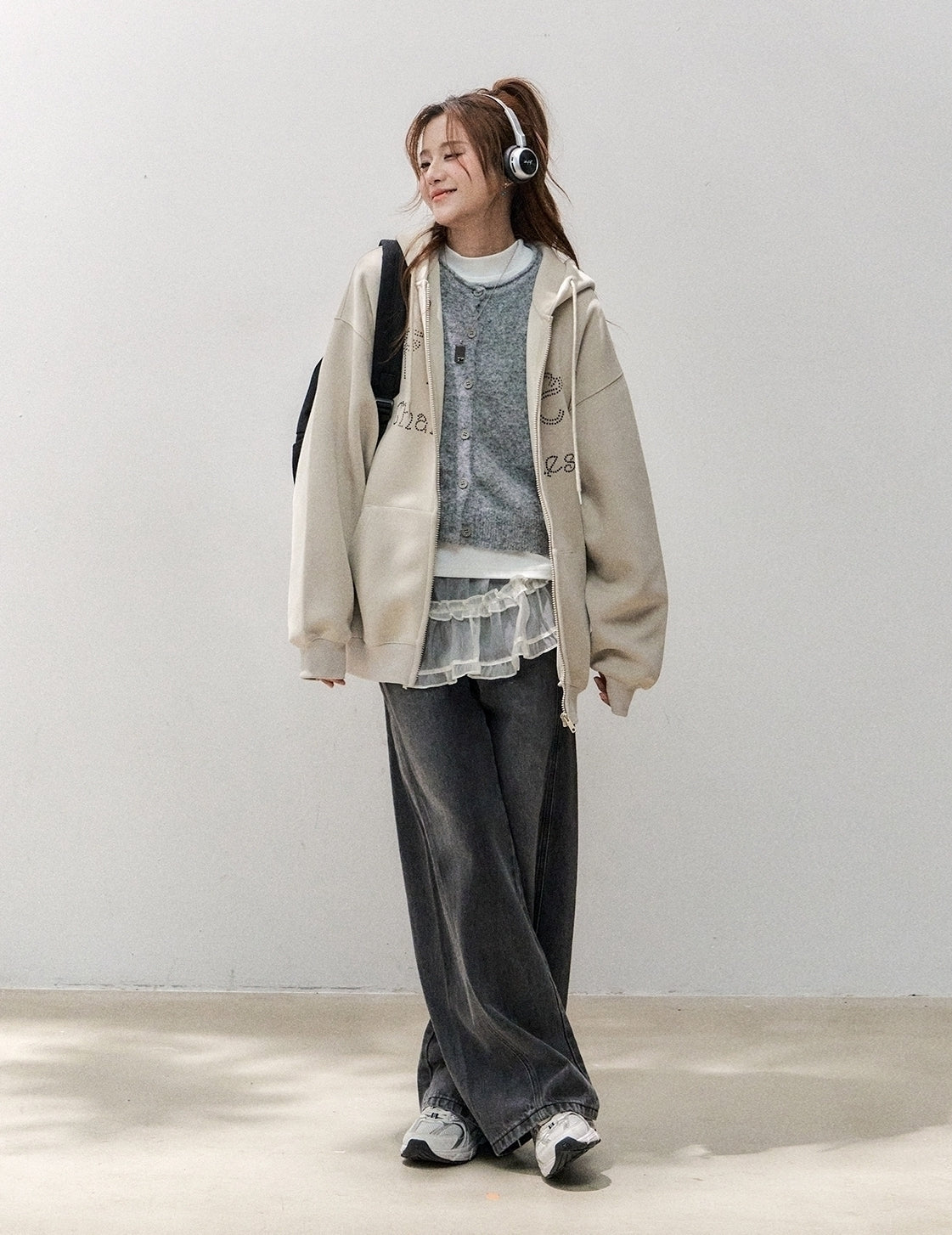 Relaxed Style Rhinestone Letter Hoodie Cardigan
