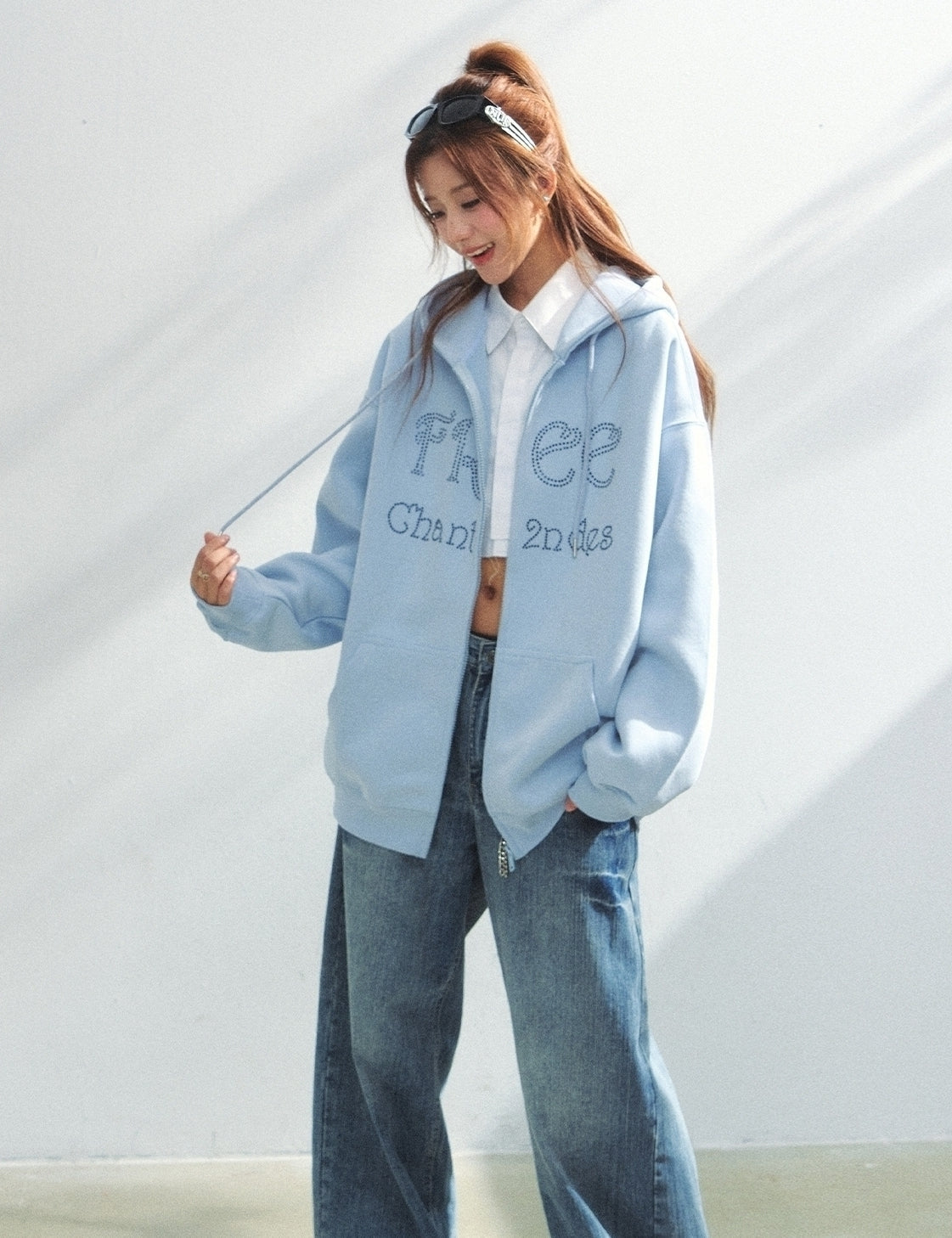 Relaxed Style Rhinestone Letter Hoodie Cardigan