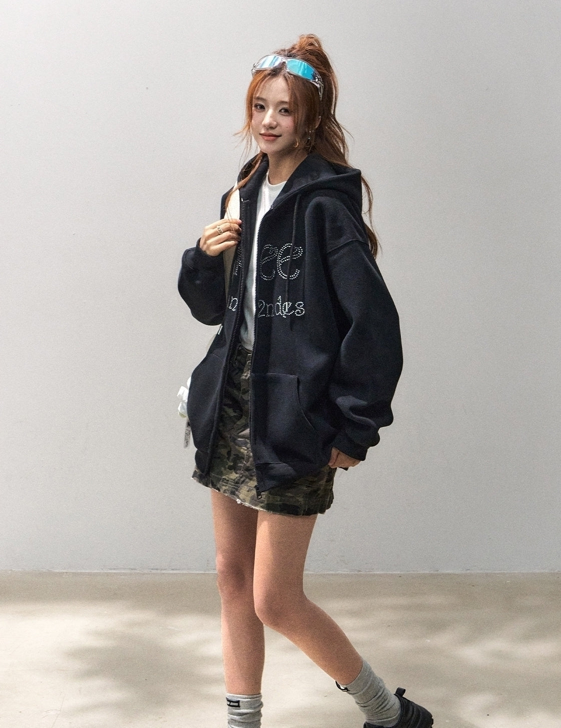 Relaxed Style Rhinestone Letter Hoodie Cardigan
