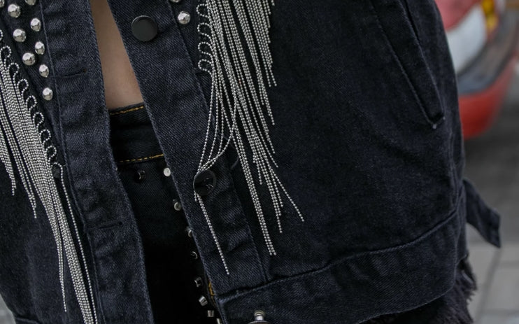Black Denim Jacket With Silver Tassel And Stones Embellished