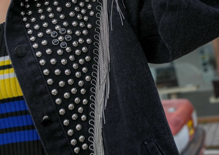 Black Denim Jacket With Silver Tassel And Stones Embellished