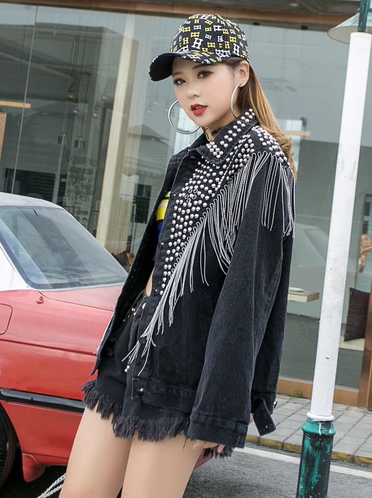 Black Denim Jacket With Silver Tassel And Stones Embellished