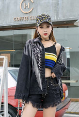 Black Denim Jacket With Silver Tassel And Stones Embellished