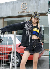 Black Denim Jacket With Silver Tassel And Stones Embellished