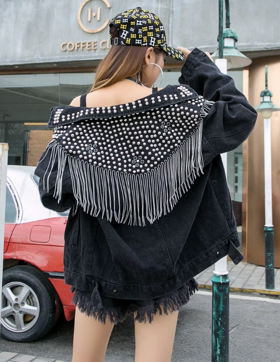 Black Denim Jacket With Silver Tassel And Stones Embellished