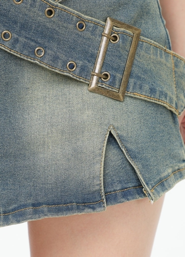 Retro Blue Crossed Wide Belt Denim Skirt