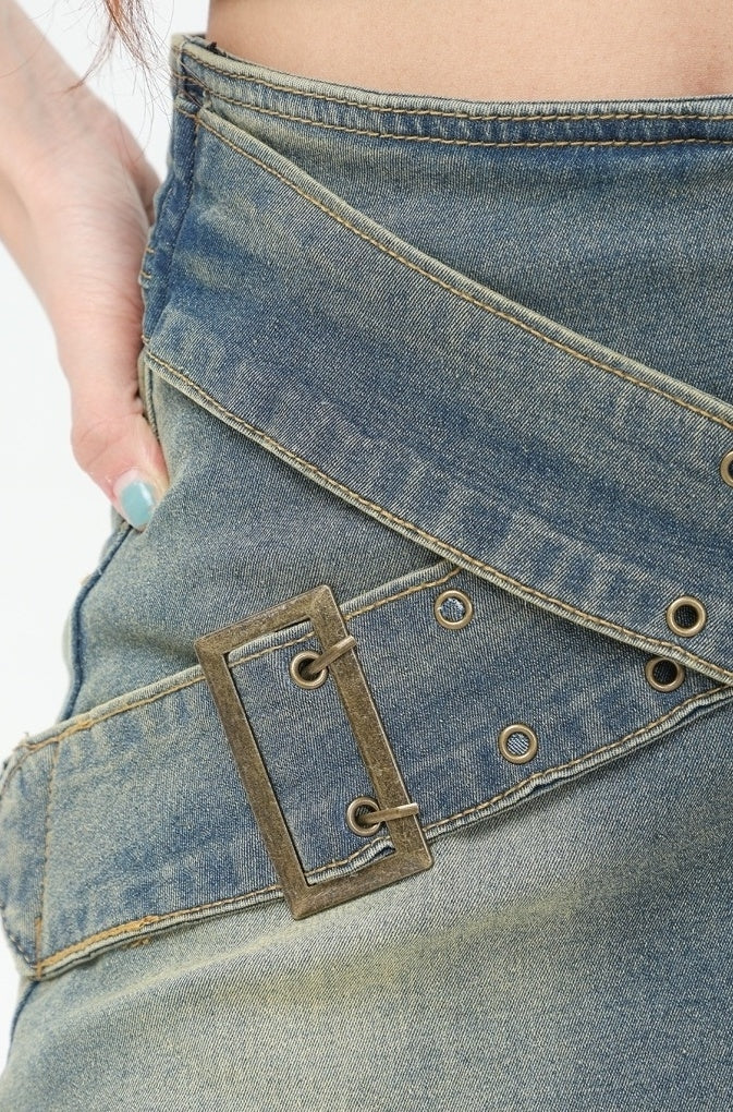 Retro Blue Crossed Wide Belt Denim Skirt
