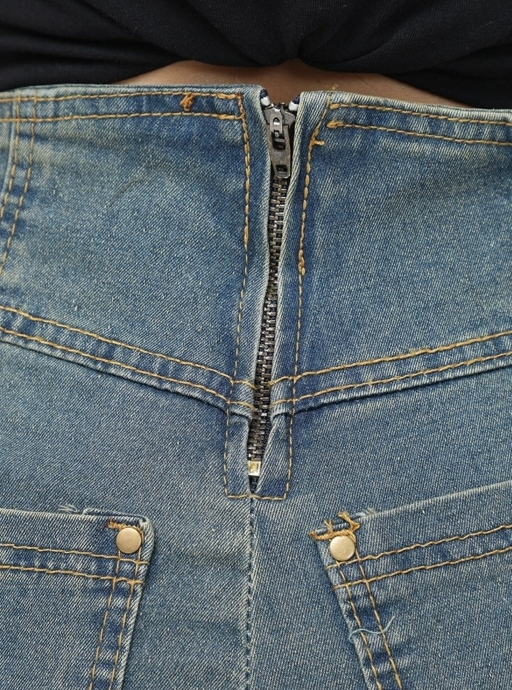 Retro Blue Crossed Wide Belt Denim Skirt