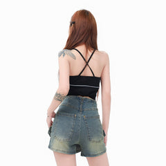 Retro Blue Crossed Wide Belt Denim Skirt