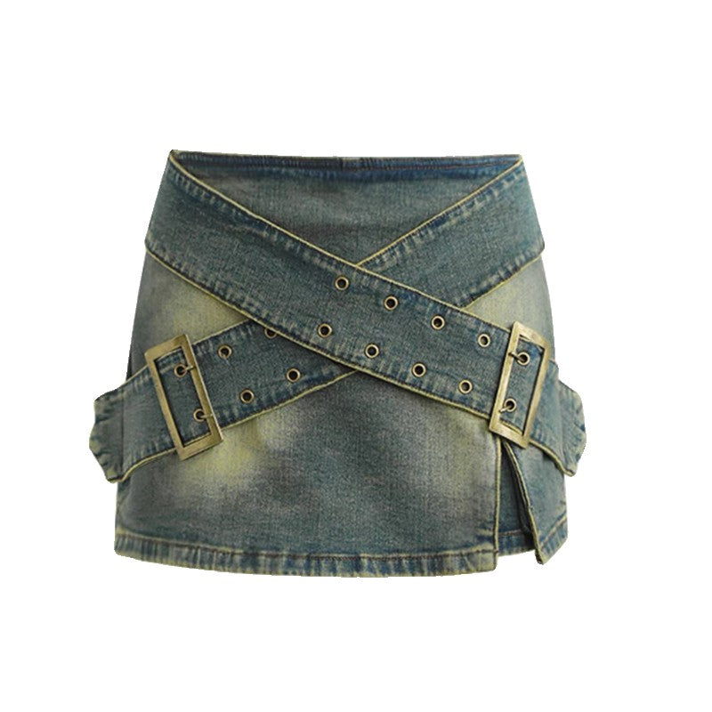 Retro Blue Crossed Wide Belt Denim Skirt