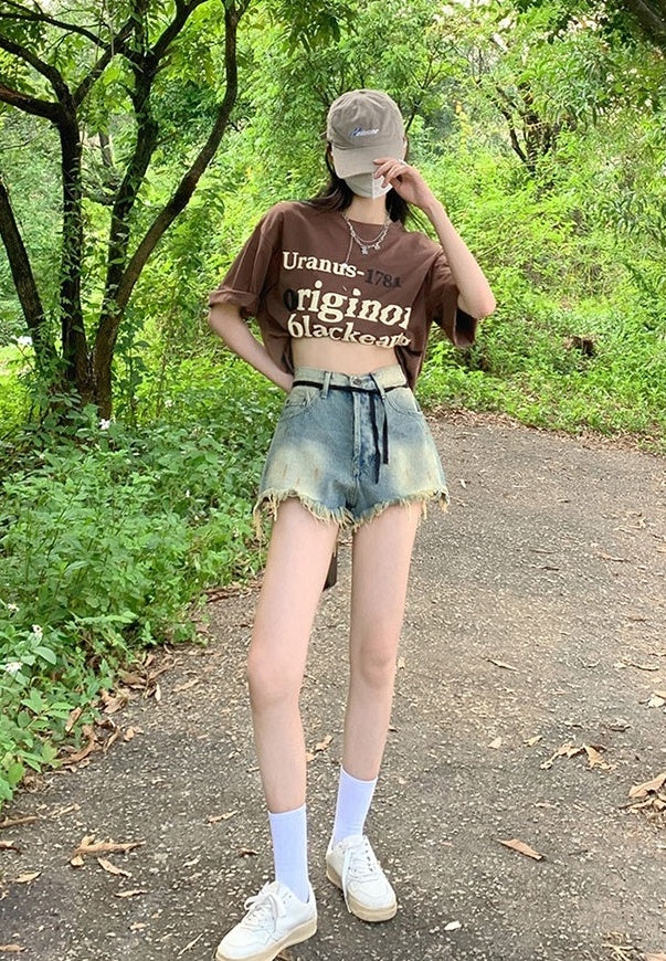 Retro Blue Raw Edge Denim Shorts
