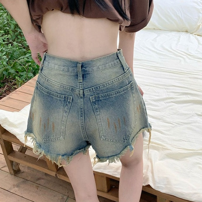 Retro Blue Raw Edge Denim Shorts