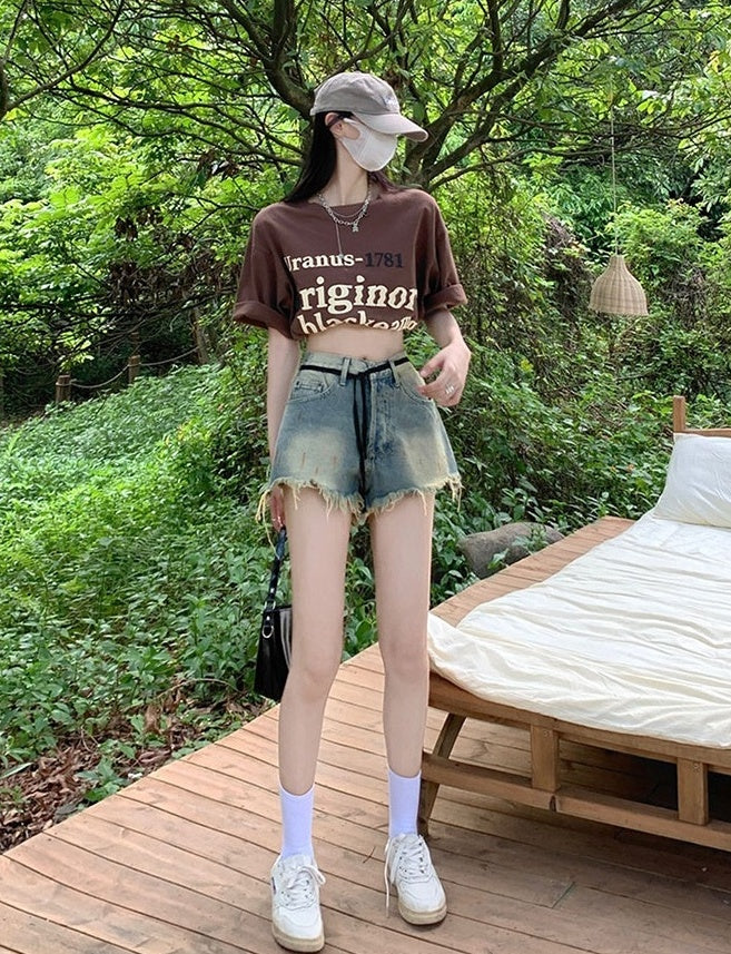 Retro Blue Raw Edge Denim Shorts