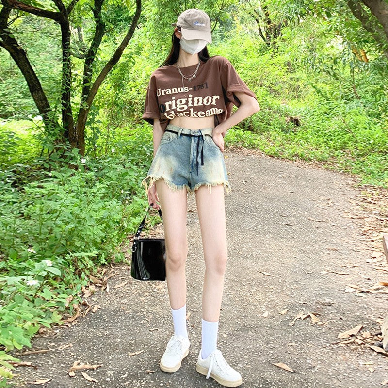 Retro Blue Raw Edge Denim Shorts