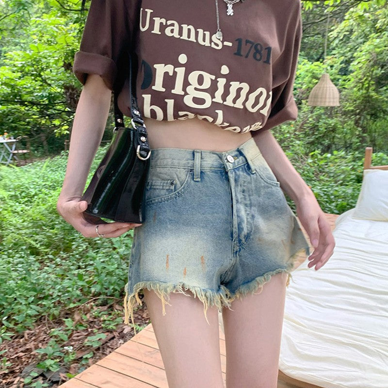 Retro Blue Raw Edge Denim Shorts