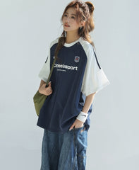 Retro Colorblock Raglan Sleeve Loose Fit T Shirt