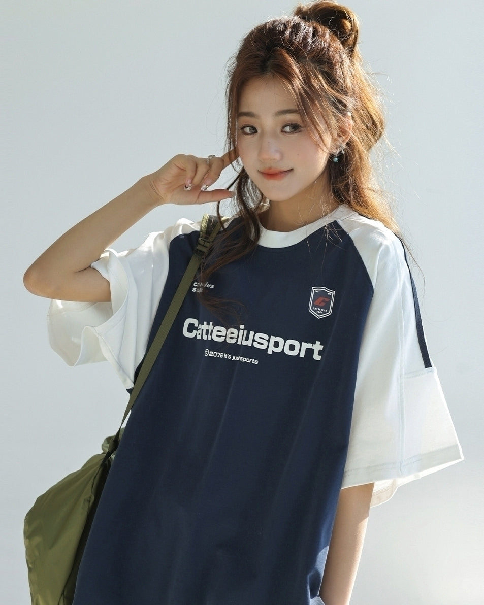 Retro Colorblock Raglan Sleeve Loose Fit T Shirt