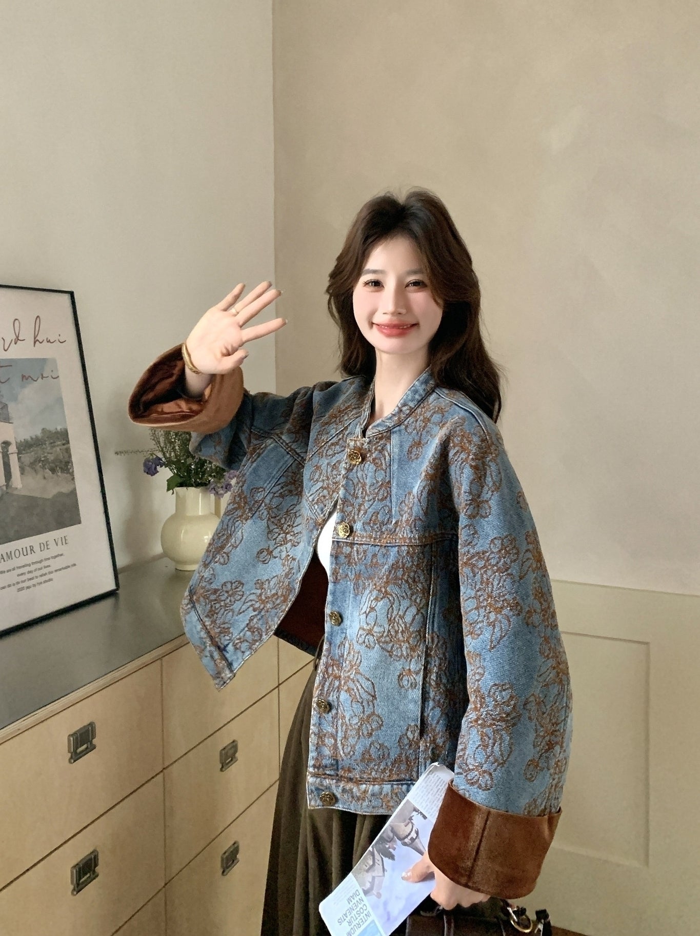 Retro Embroidered Colorblock Denim Jacket