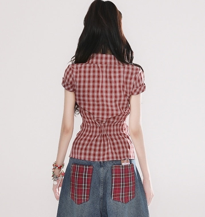 Retro Plaid Polo Collar Slim Fit Short Sleeve Shirt