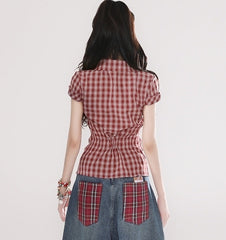 Retro Plaid Polo Collar Slim Fit Short Sleeve Shirt