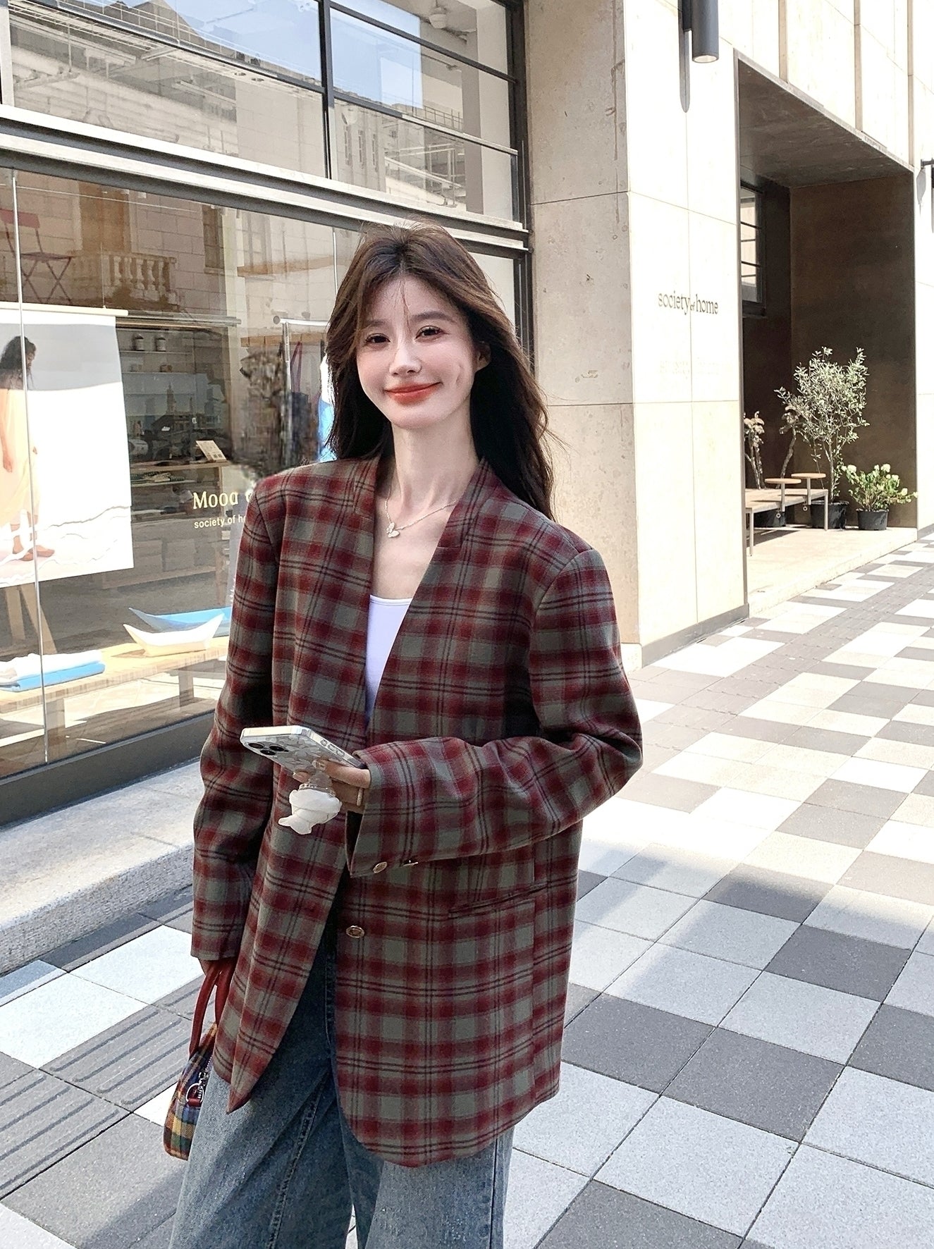 Retro Plaid Relaxed Fit Blazer Fashion Jacket