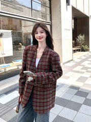 Retro Plaid Relaxed Fit Blazer Fashion Jacket