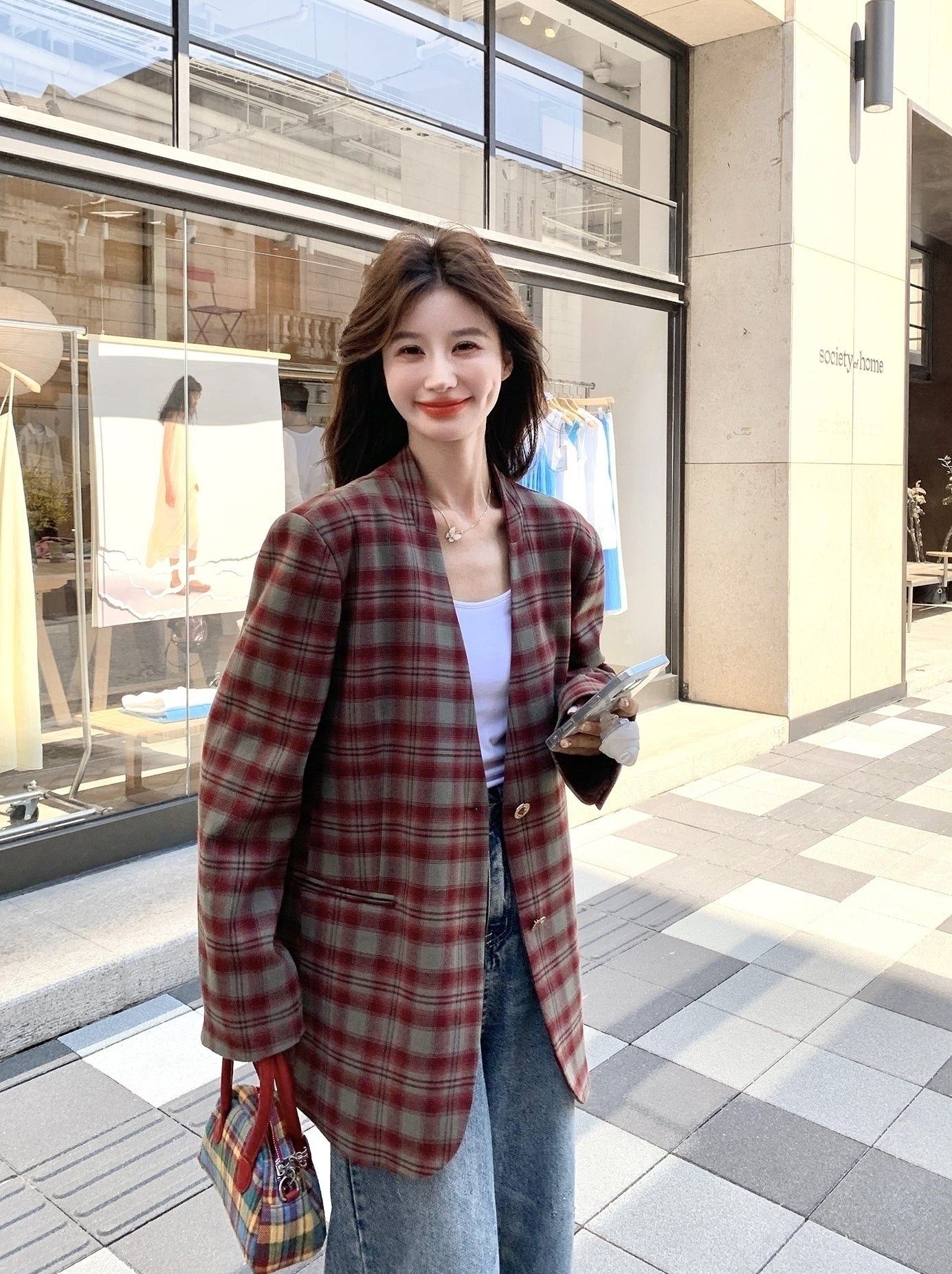 Retro Plaid Relaxed Fit Blazer Fashion Jacket