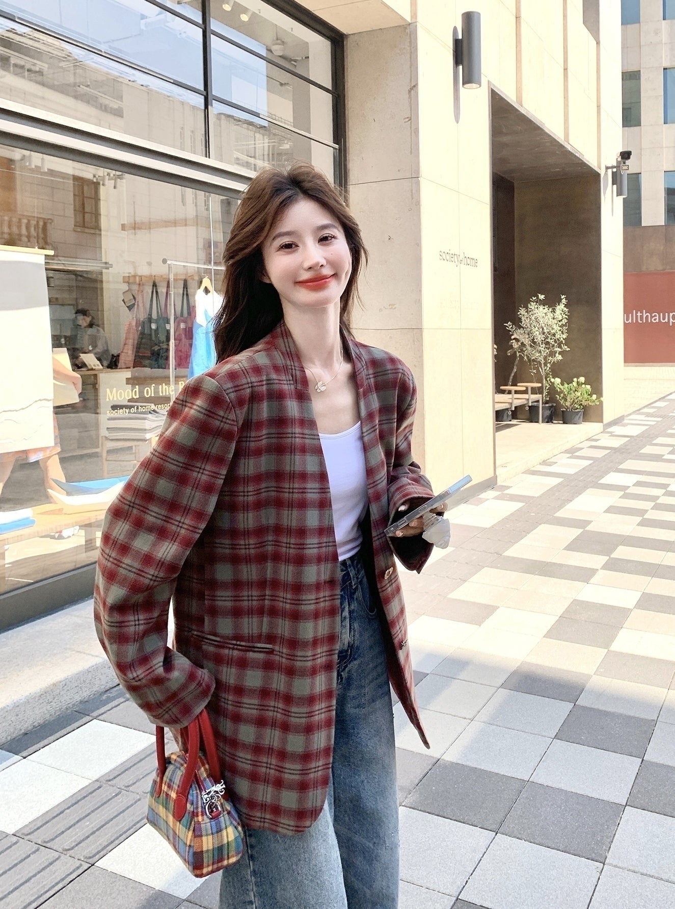 Retro Plaid Relaxed Fit Blazer Fashion Jacket