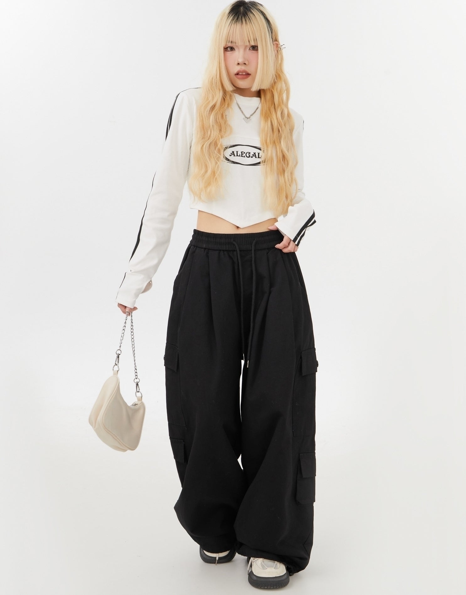 Retro Street Style Black Wide Leg Cargo Pants