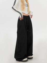 Retro Street Style Black Wide Leg Cargo Pants