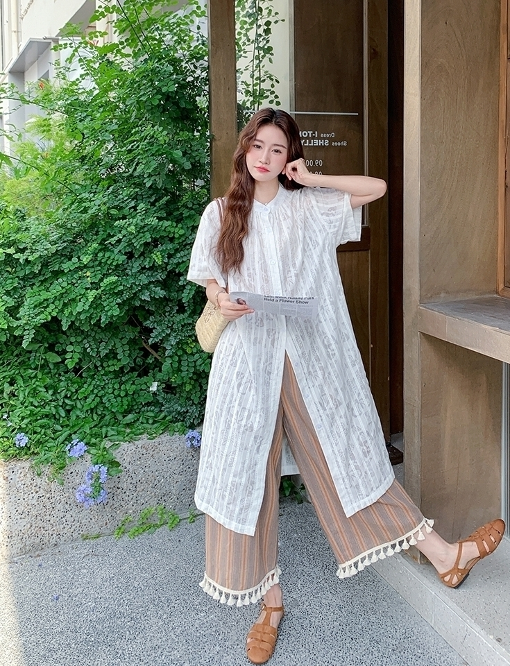 Retro Striped Fringe Shirt And Wide Leg Pants Set