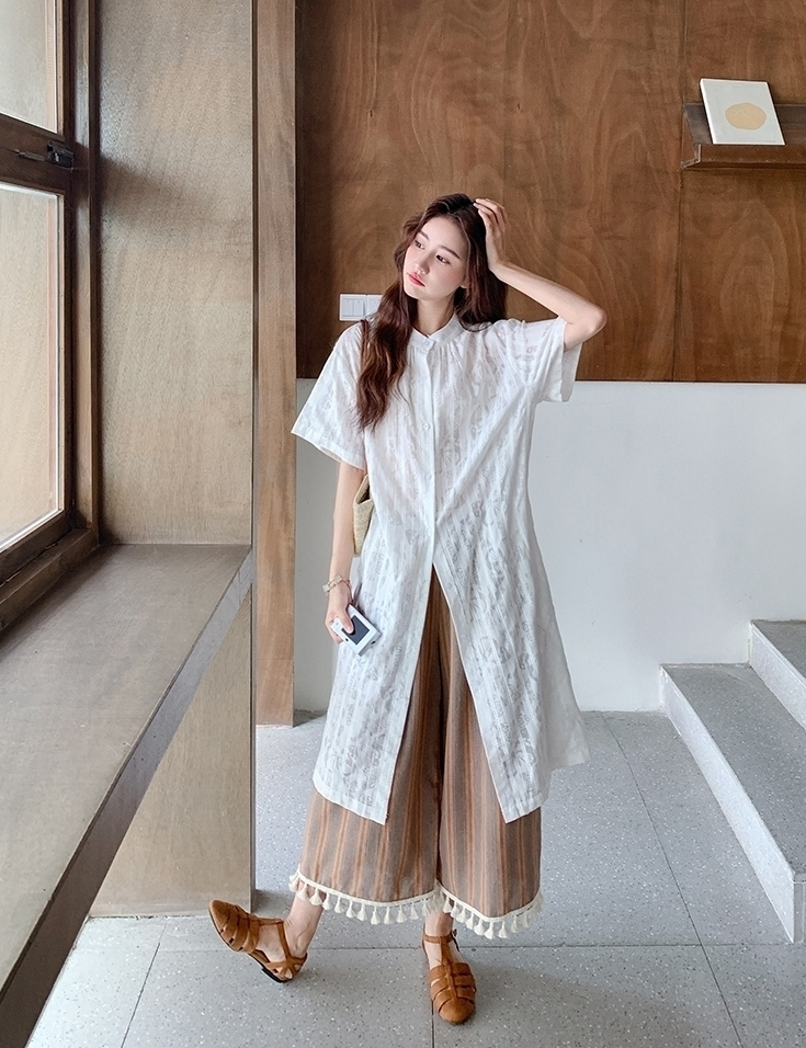 Retro Striped Fringe Shirt And Wide Leg Pants Set