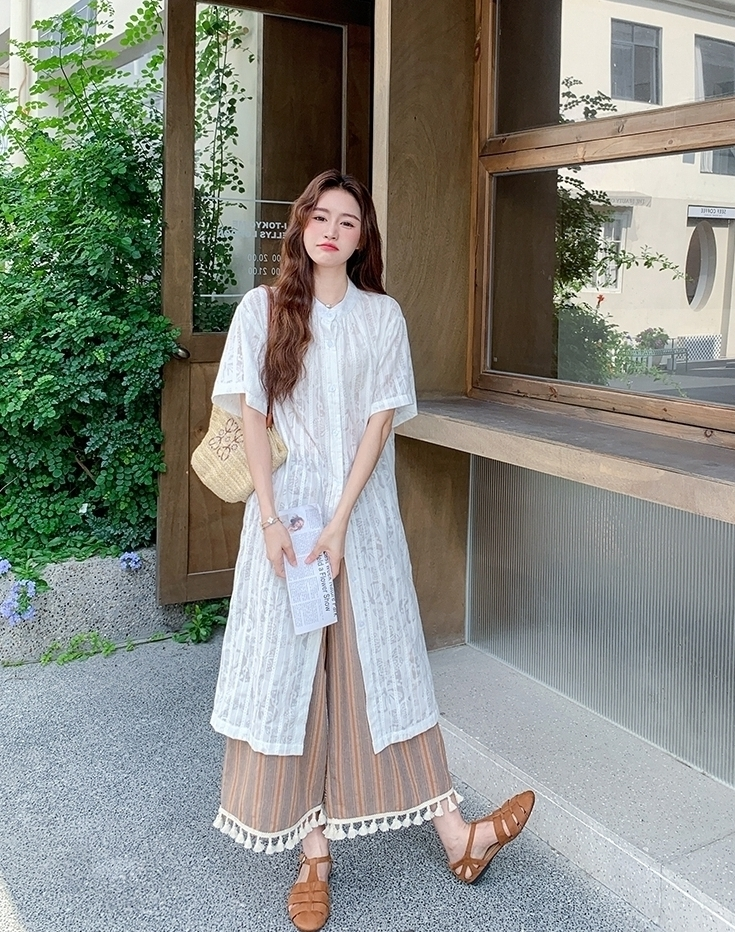 Retro Striped Fringe Shirt And Wide Leg Pants Set