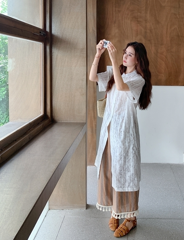 Retro Striped Fringe Shirt And Wide Leg Pants Set