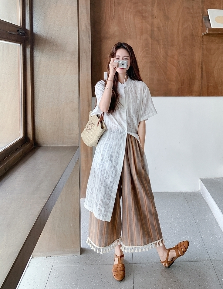 Retro Striped Fringe Shirt And Wide Leg Pants Set