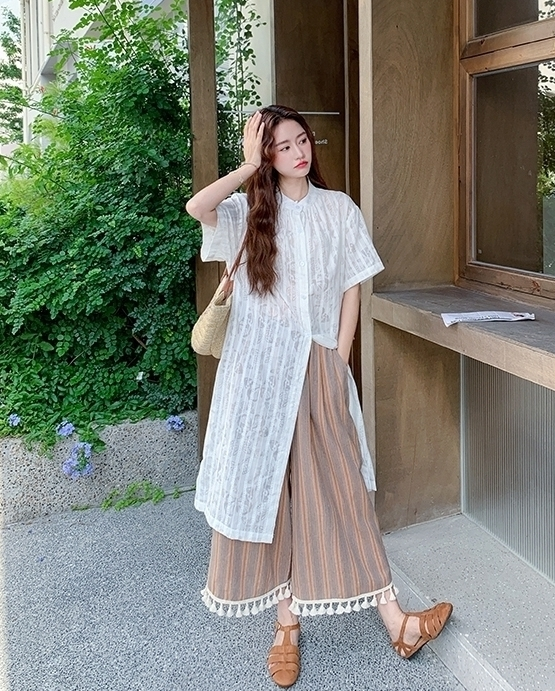 Retro Striped Fringe Shirt And Wide Leg Pants Set