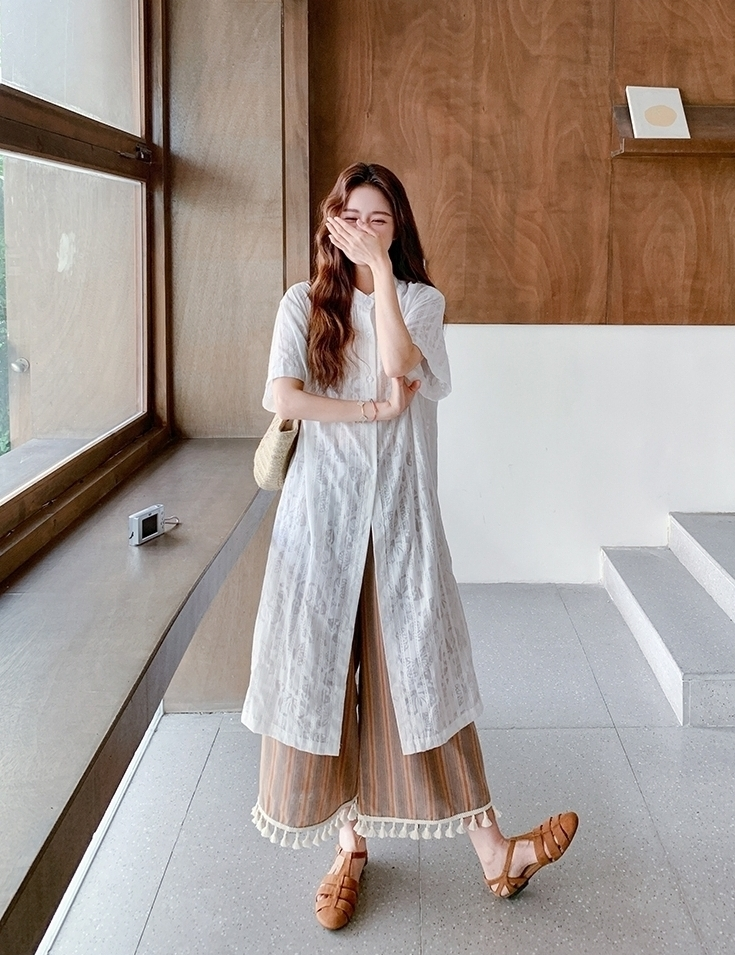 Retro Striped Fringe Shirt And Wide Leg Pants Set