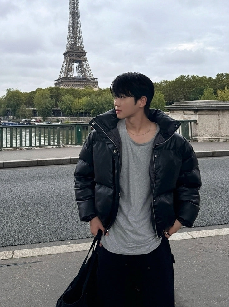 Retro Style Short Stand Collar PU Leather Padded Jacket