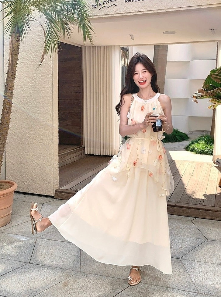 Romantic Embroidered Mesh Patchwork Halter Dress